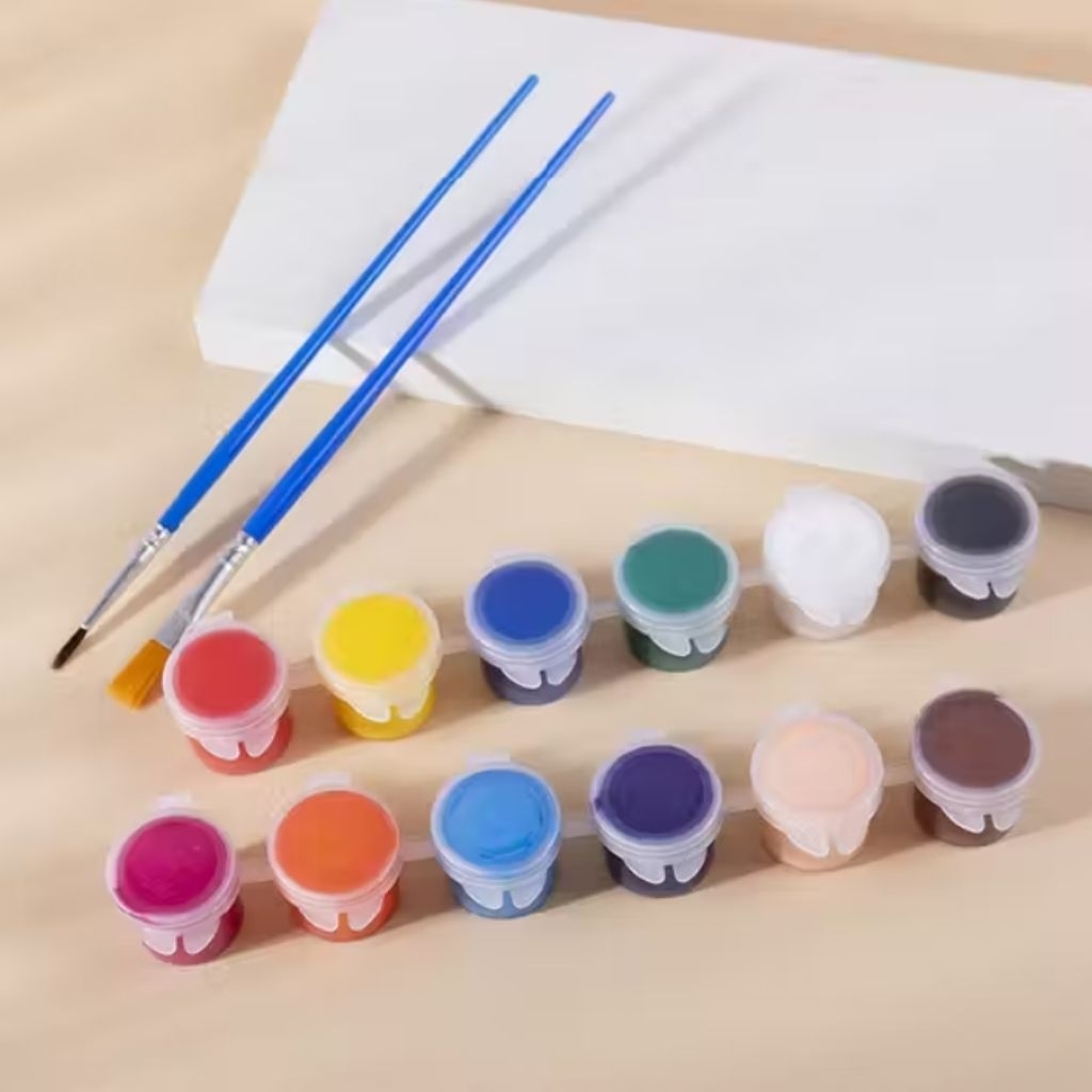 Set Cat Akrilik 12warna 3ml Bonus 2Kuas / Cat Air Anak / Kuas Cat Bentuk Pipih dan Lancip / Set Alat