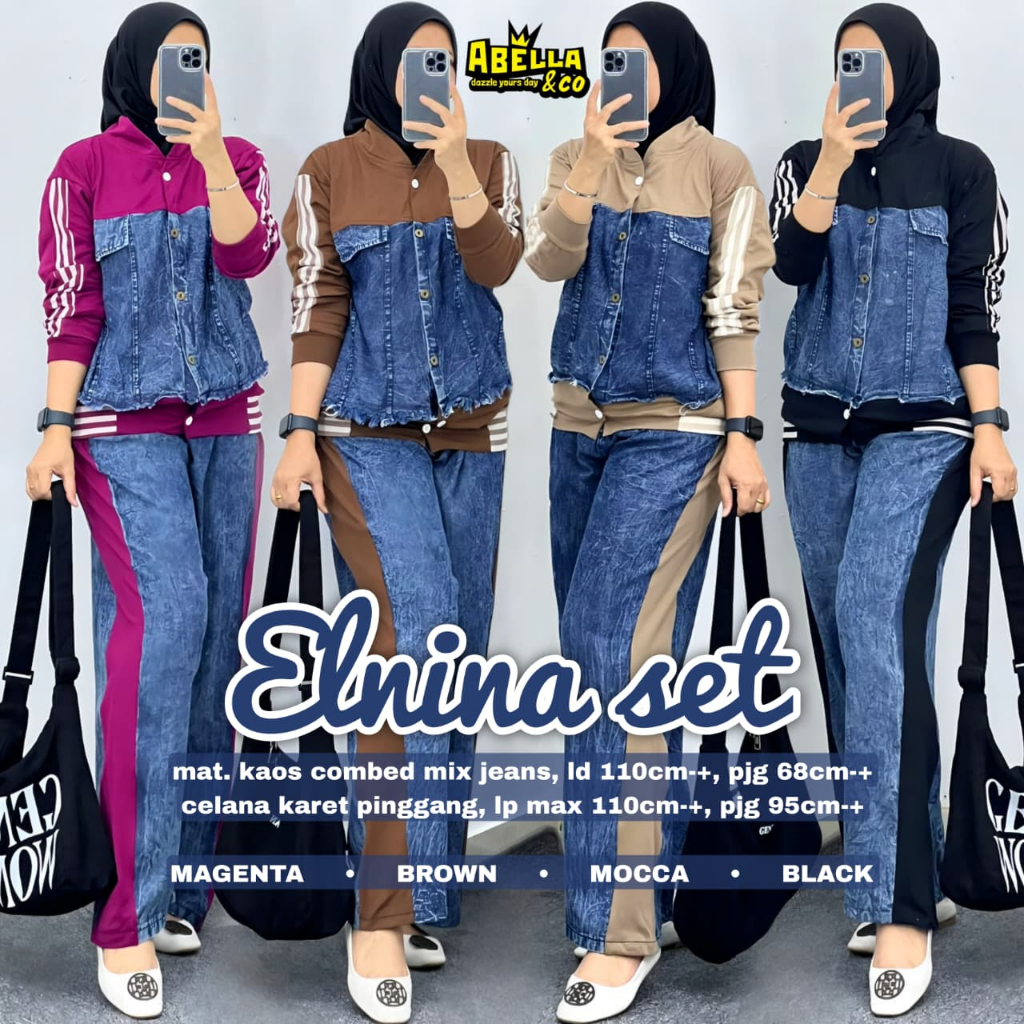 ELNINA SET ORIGINAL BY ABELLA&CO BAHAN KAOS COMBED MIX JEANS CELANA KARET PINGGANG