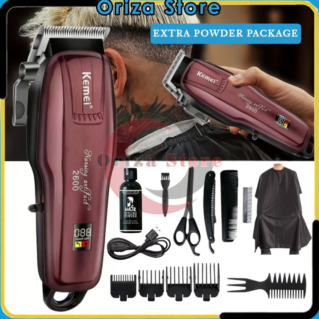 Alat Cukur Kemei Barbershop Set Hair Clipper Professional PG2600 LED Indikator Baterai