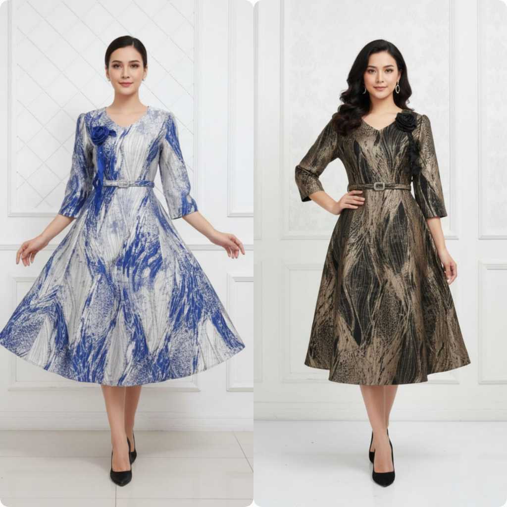 Dress jagguar pola abstrak kombi warna Dress pesta kondangan Dress wanita D1168