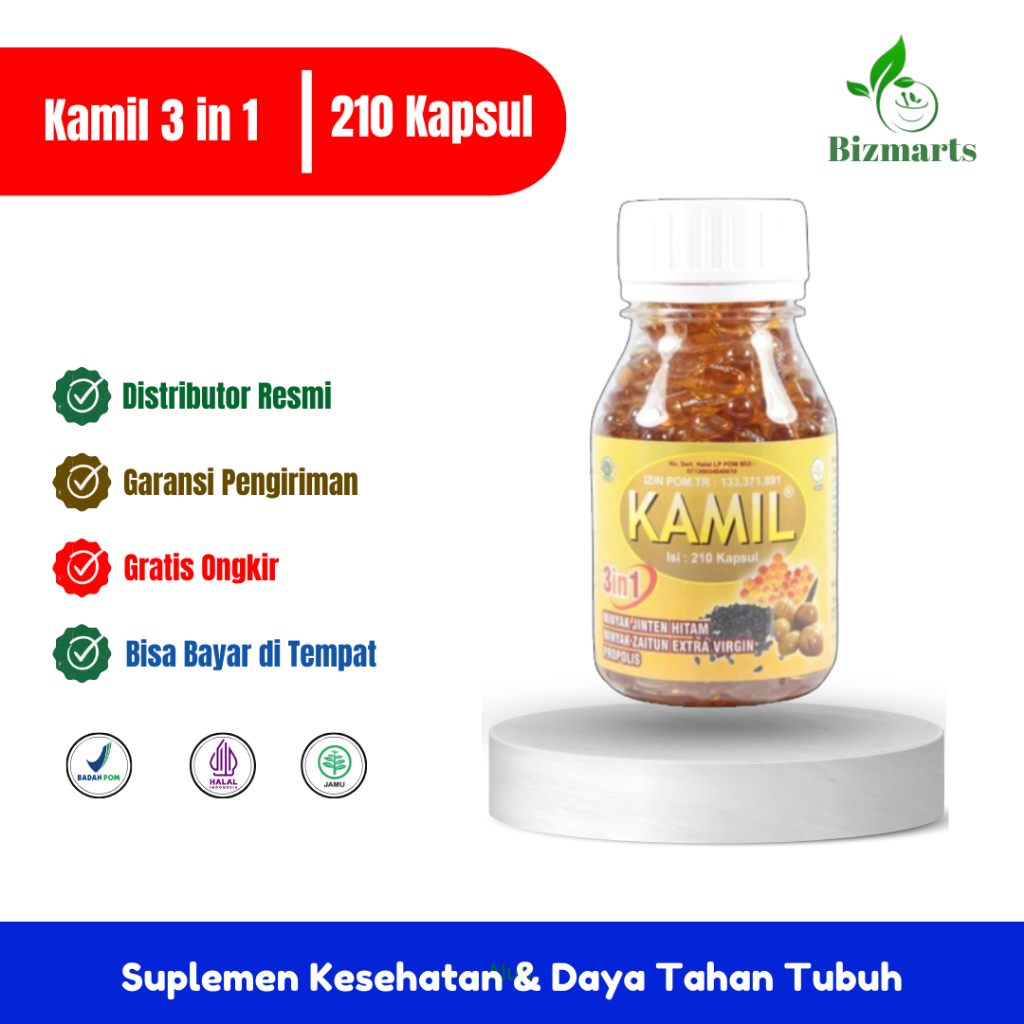 Kamil 3 in 1 - Minyak Habbatussauda Plus EVOO Extra Propolis Trigona isi 210 Kapsul Asli Original