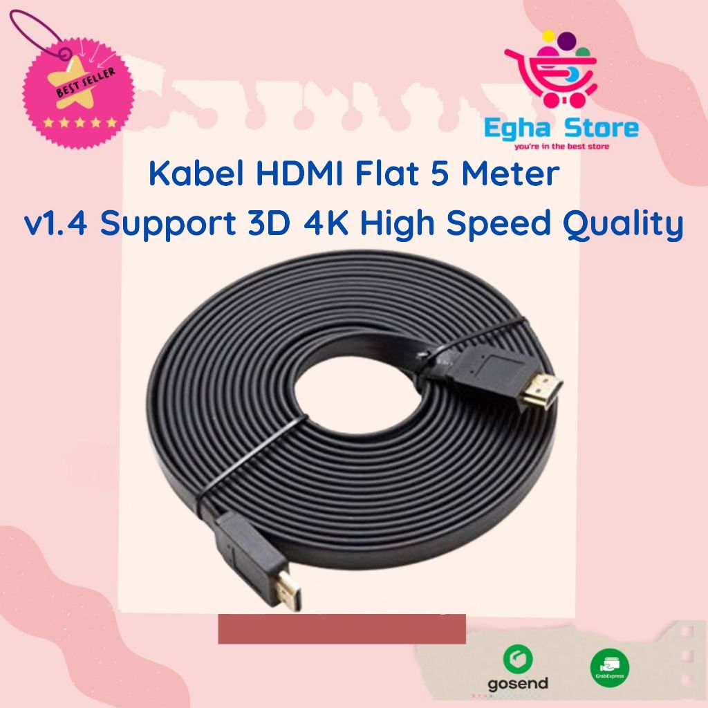 Kabel HDMI Flat 5 Meter Ver 1.4 High Quality Gold Plated Cable HDTV AV Male to Male 5m Support 3D 2K