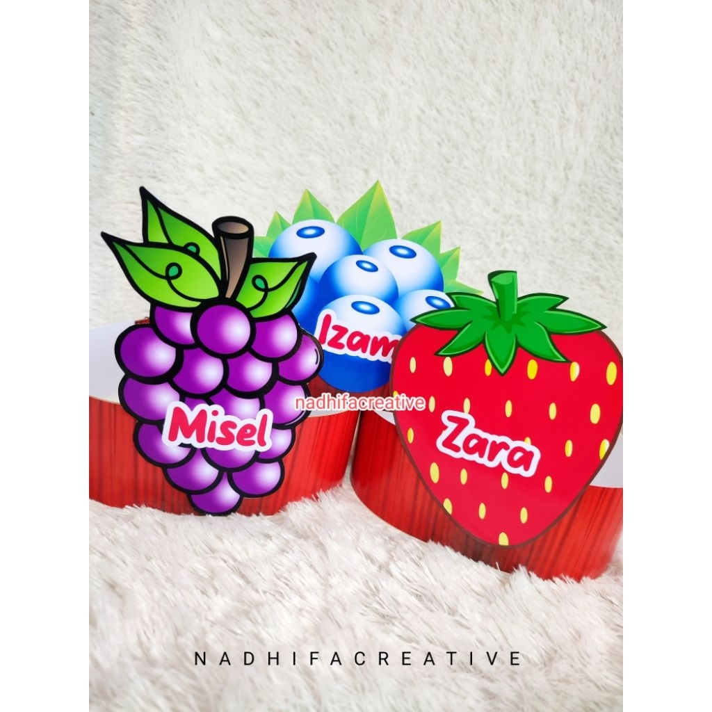 Topi Gambar Buah Anggur/blueberry/strawberry/apel/jeruk Bahan Kertas + Nama Anak
