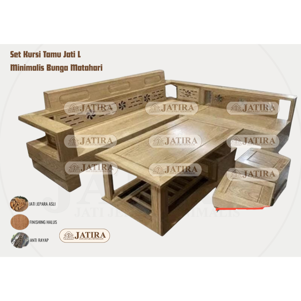 Set Kursi Tamu Jati L Minimalis Motif Matahari | Kurai Jati Asli Jepara Murah Palembang