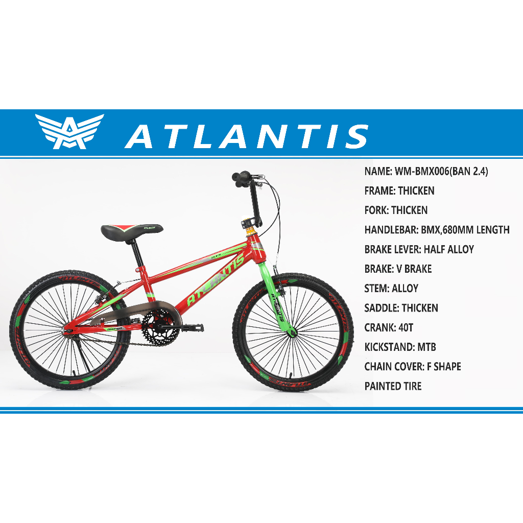 Sepeda BMX Anak Laki Atlantis WM 006 Ban Warna 20x2.125 Inch Untuk Anak 7-12 Tahun