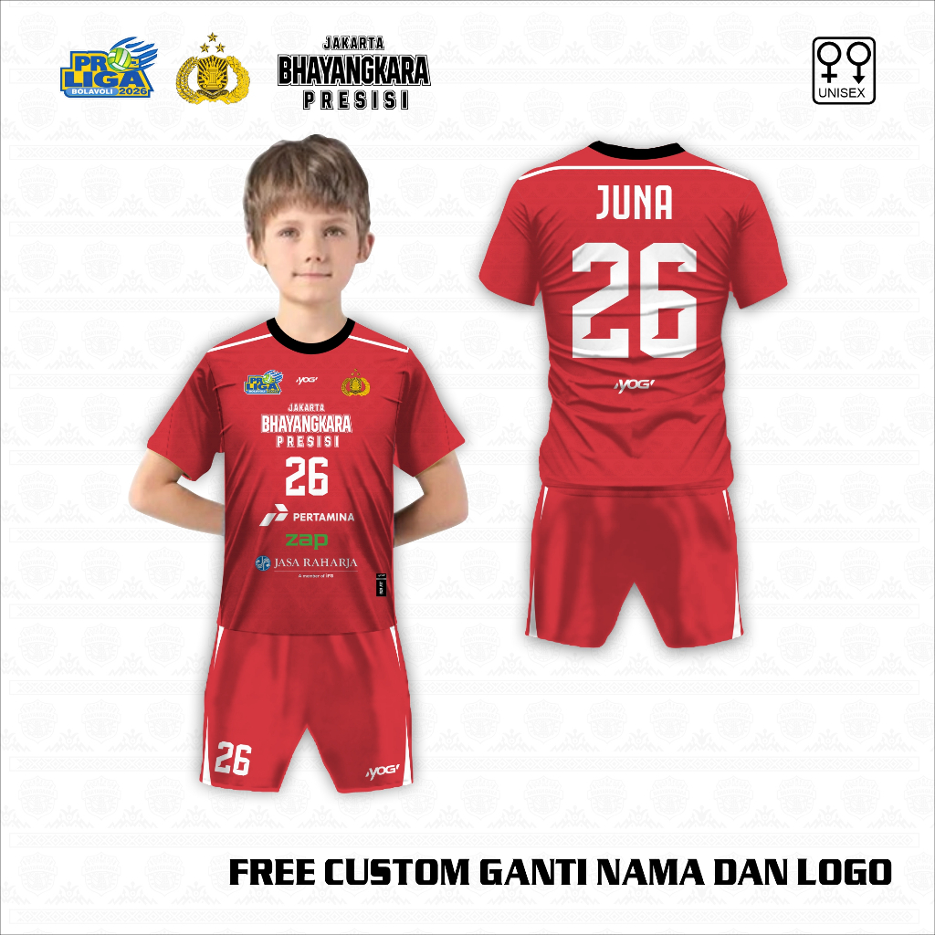 Setelan Jersey voli anak kaos Bhayangkara popsivo presisi baju olah raga free custom