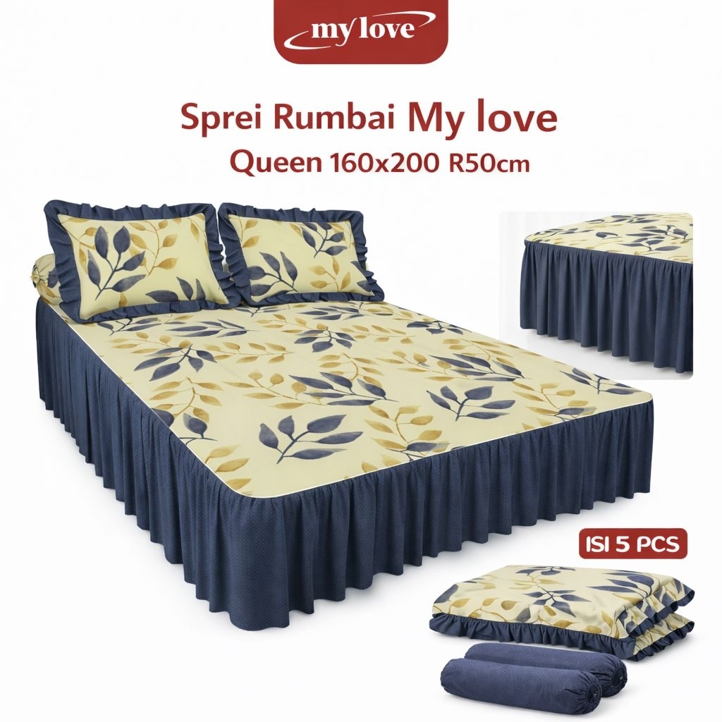Sprei Rumbai My Love queen 160x200x50 cm | isi 5 pcs | bahan katun rumbai susun 2 lapis