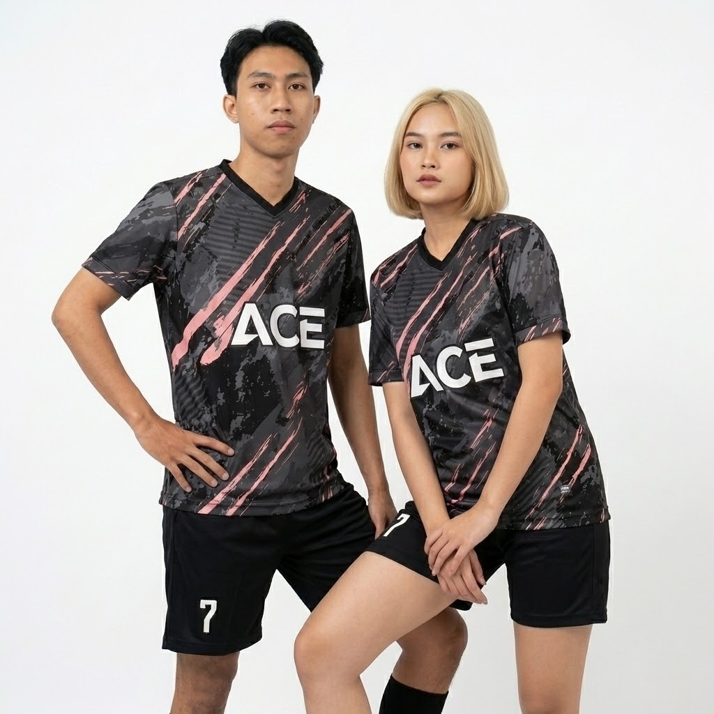 Setelan Jersey Futsal Tim Unisex Hitam Pink Motif Grunge Abstrak Custom Nama