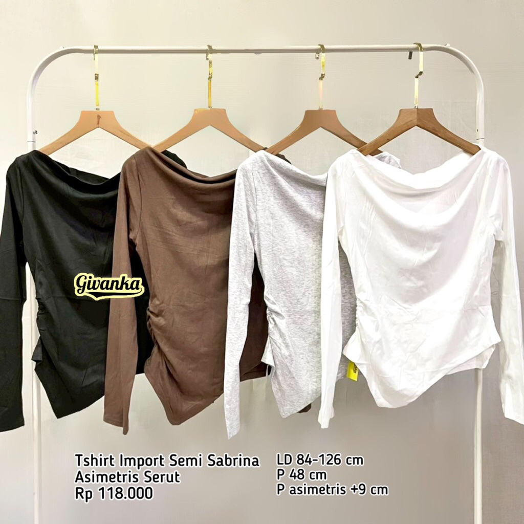 TSHIRT IMPORT // ATASAN SEMI SABRINA ASIMETRIS // ATASAN KAOS SERUT SAMPING // ATASAN SABRINA LENGAN