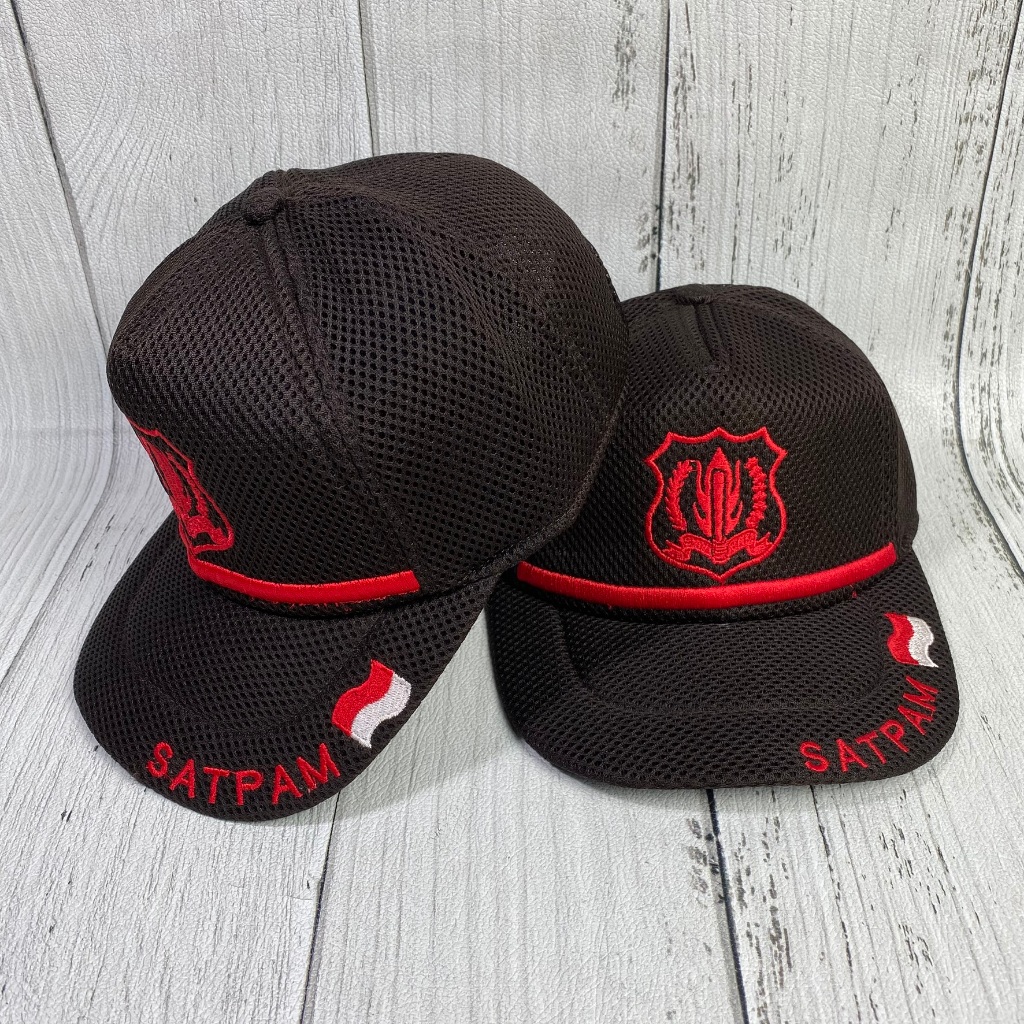 Topi SATPAM Jaring Coklat Topi SATPAM SECURITY  Logo List Merah Bordir