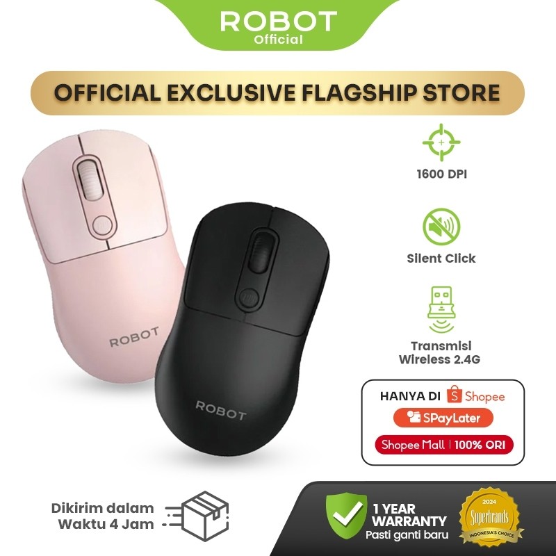 ROBOT Mouse Wireless Silent Click 2.4GHz Optical 1600DPI Split Wireless Mouse M207 Original - Garansi 1 Tahun