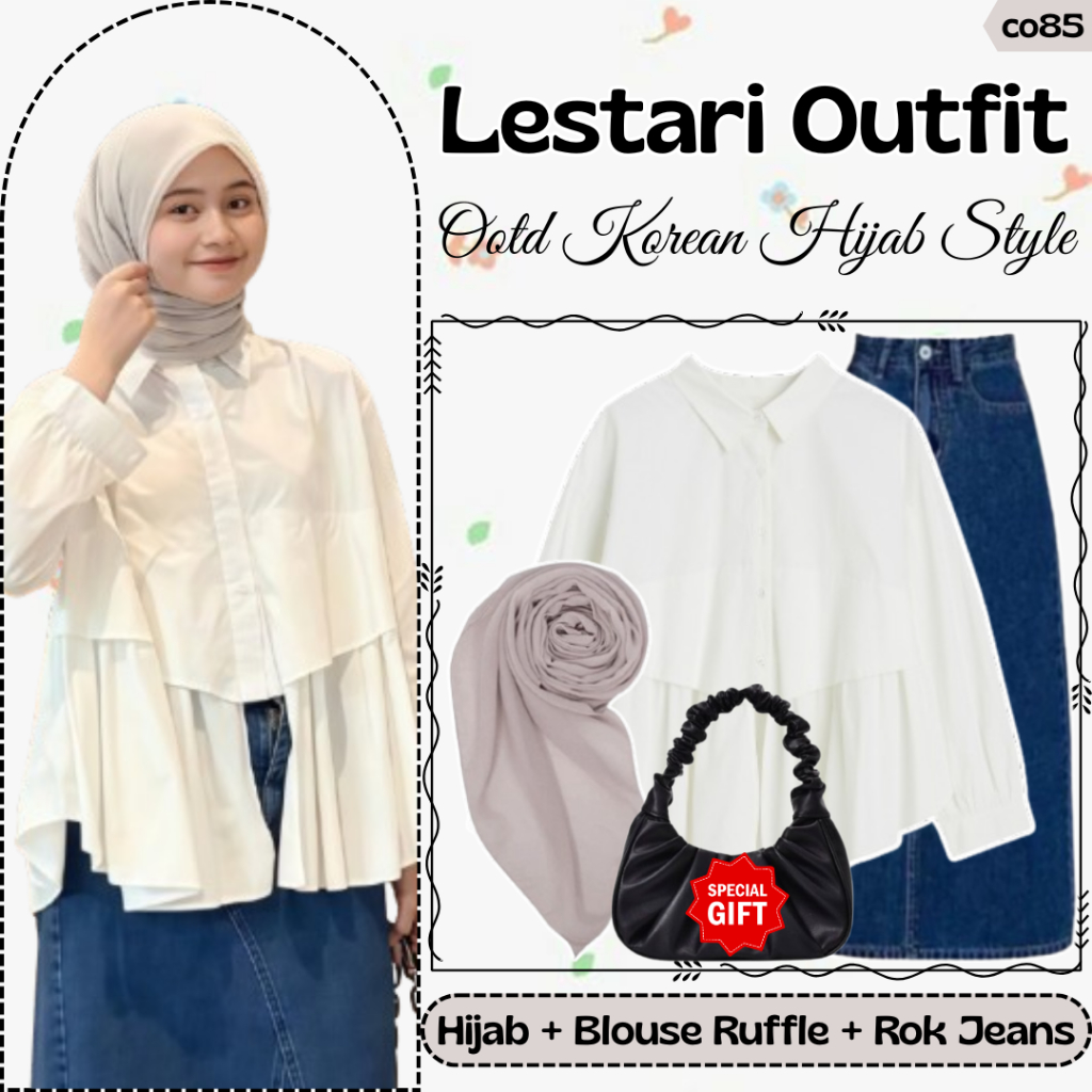 One Set 3in1 Style OOTD | Rok Jeans Navy, Blouse Ruffle Putih, Hijab Bella Square Ivory | Setelan Wa
