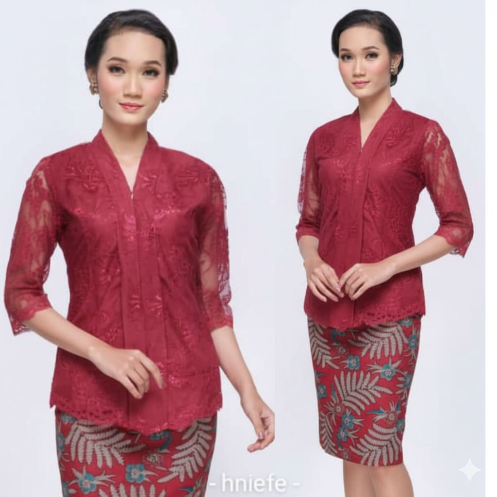 Setelan Kebaya Modern Batik Rosita Brokat Merah