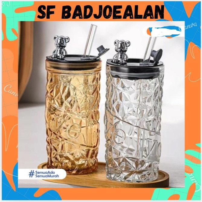 GELAS KACA BERUANG 420 ML Botol Air Minum Tumbler Motif Kristal Anti Tumpah Estetik Food Grade SF281