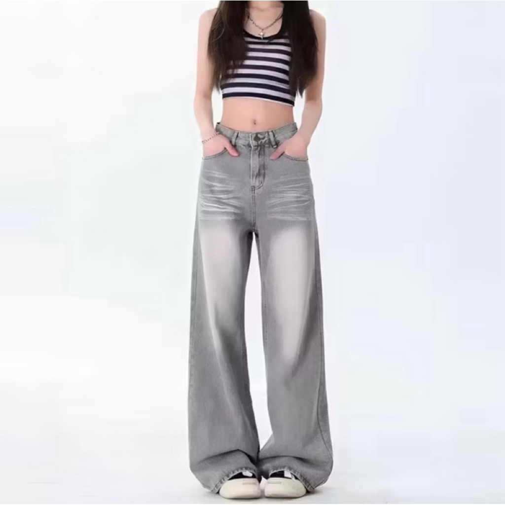 ZARIA - Baggy Jeans Abu Retro Celana Jeans Baggy Gombrong