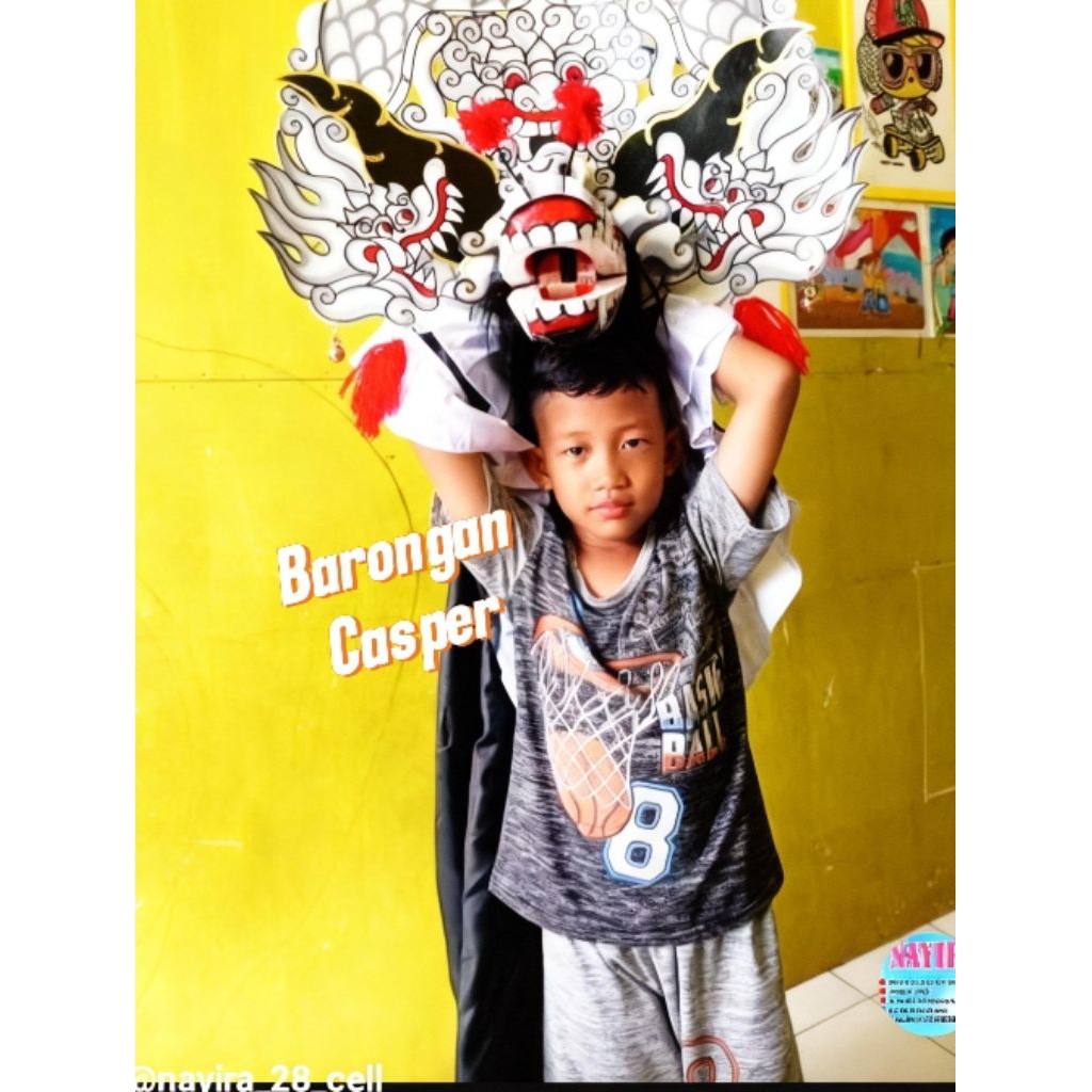 Barongan Reog Ponorogo Hitam Putih Premium – Kepala Barong Kayu Lukis, Kemul Panjang, Bonus Gondel