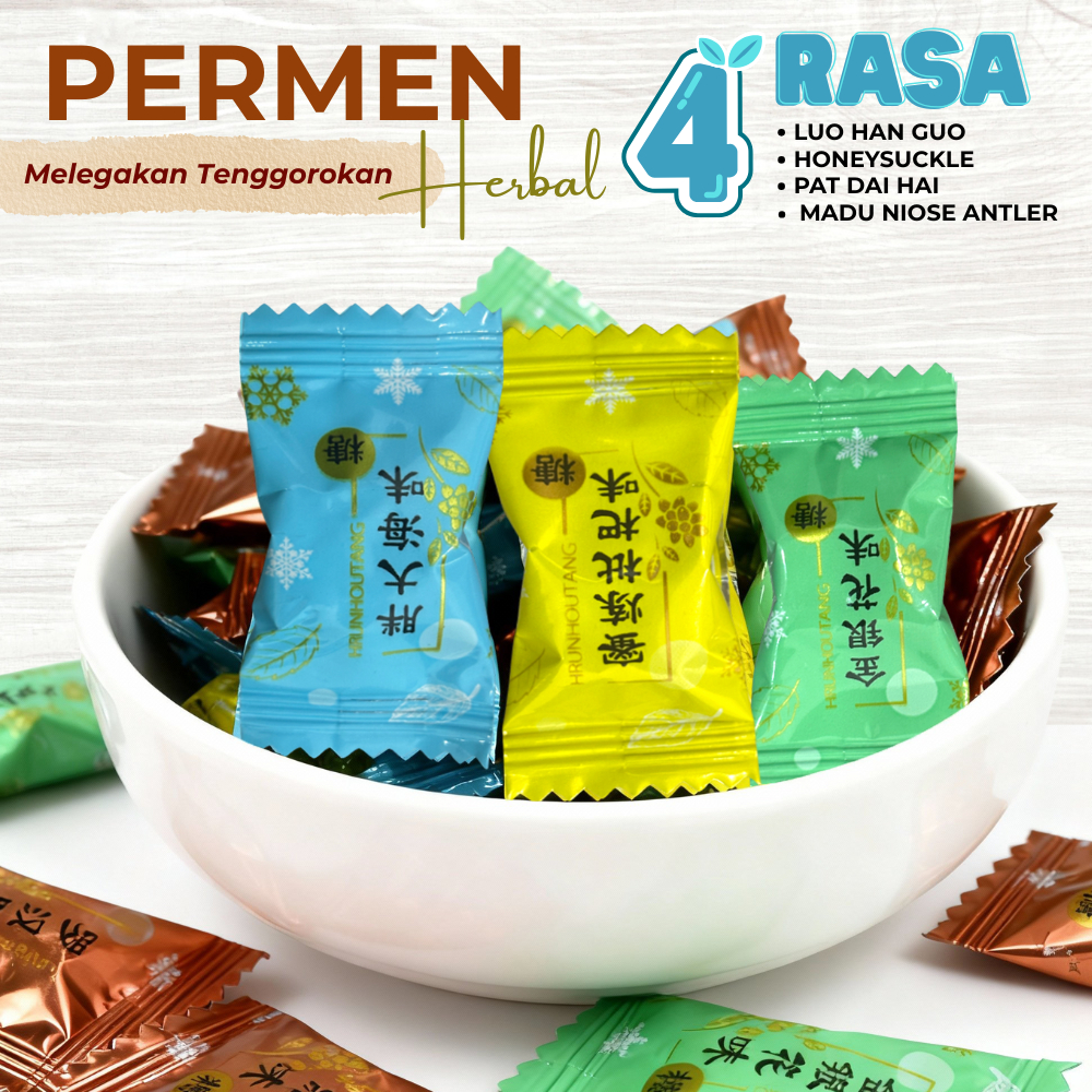 Permen Herbal Pereda Sakit Tenggorokan 4 Rasa Luo Han Guo Honeysuckle Pat Hai Hai Madu Niose Antler 
