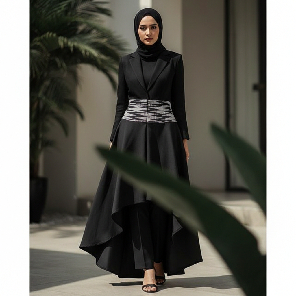 Zaskia Sungkar - Rok Hitam High-Low Bertingkat (Layered Skirt) Motif Etnik Ikat Geometris Modern