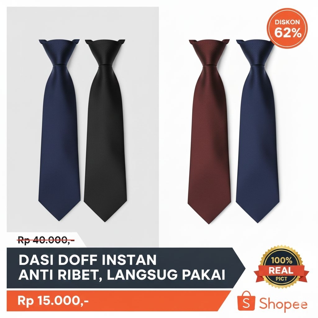 Dasi Instan Pria Perekat Velcro Slim & Standar - Dasi Kantoran Praktis Tinggal Tempel