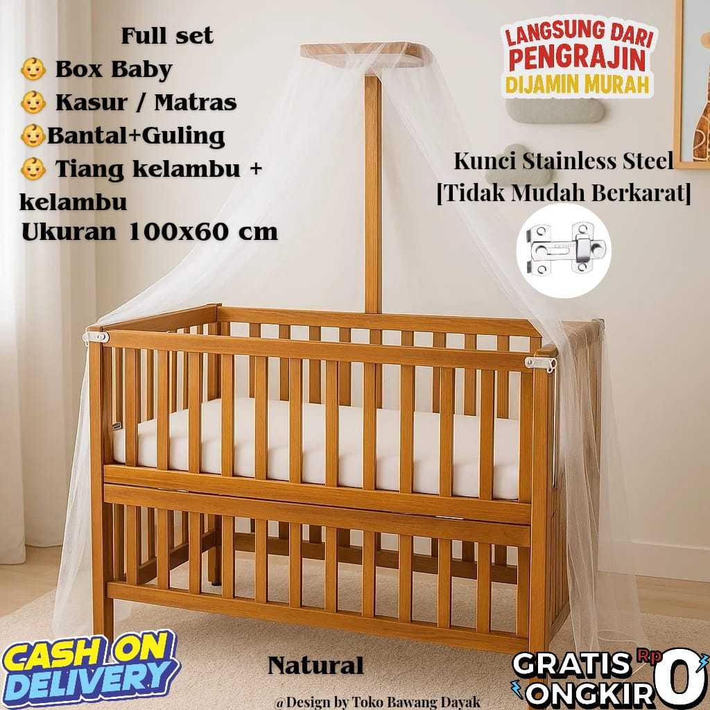 Dipan Kasur Set Minimalis Pagar Tidur Baby Tempat Anak Box Guling Bantal Bed Kayu Ranjang Bayi