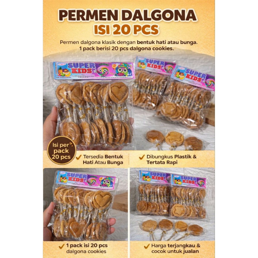 Es_Teh_Mamam Permen Dalgona Korea Isi 20 Pcs 1 Pack Dalgona Candy Bentuk Hati & Bunga Manis Legit