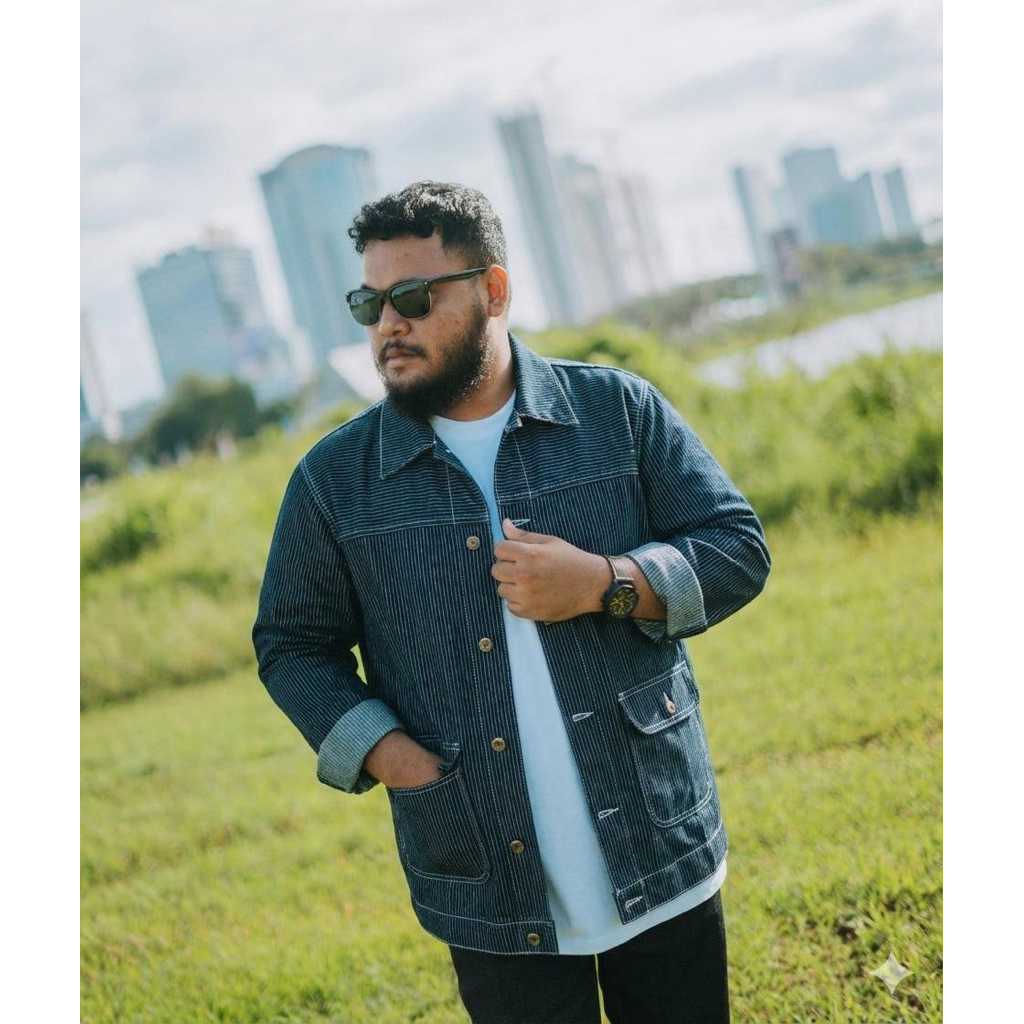 Fatgoods Jaket denim navy wabash jumbo pria cotton denim