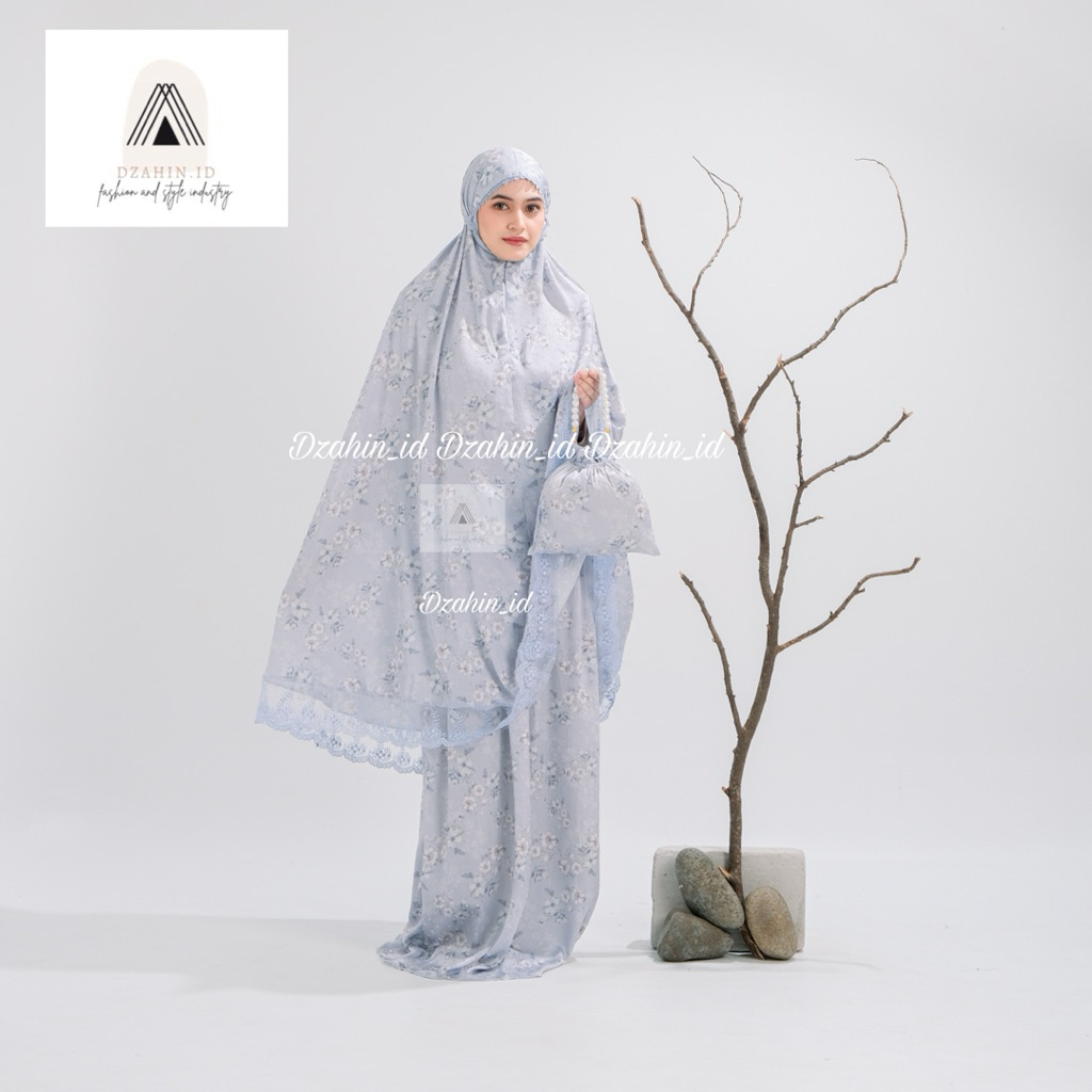 Dzahin - Mukena Sutra Premium Qisya Uragi Silky Motif Terbaru 2in1 Resleting Di Dagu Renda Bordir Me