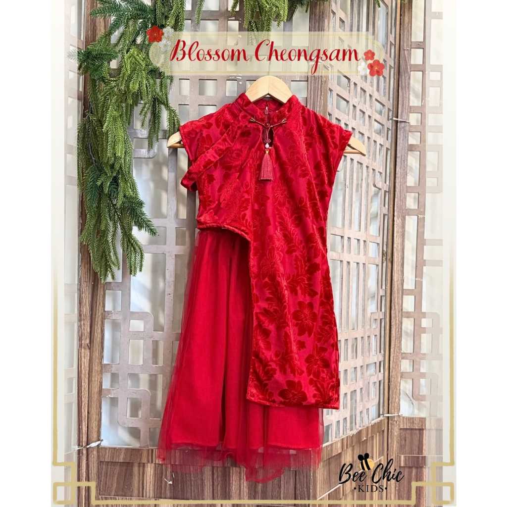 BeeChic.Kids Dress Blossom CheongSam Red Velvet Shanghai / Dress Anak Perempuan Cheong Sam Imlek Lim