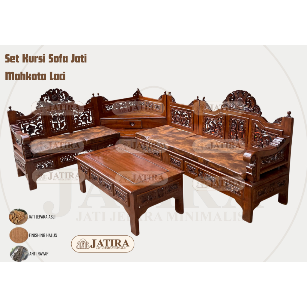 Set Kursi Sofa Jati L Mahkota Laci | Kursi Sofa Jati L Jepara Asli Murah Palembang
