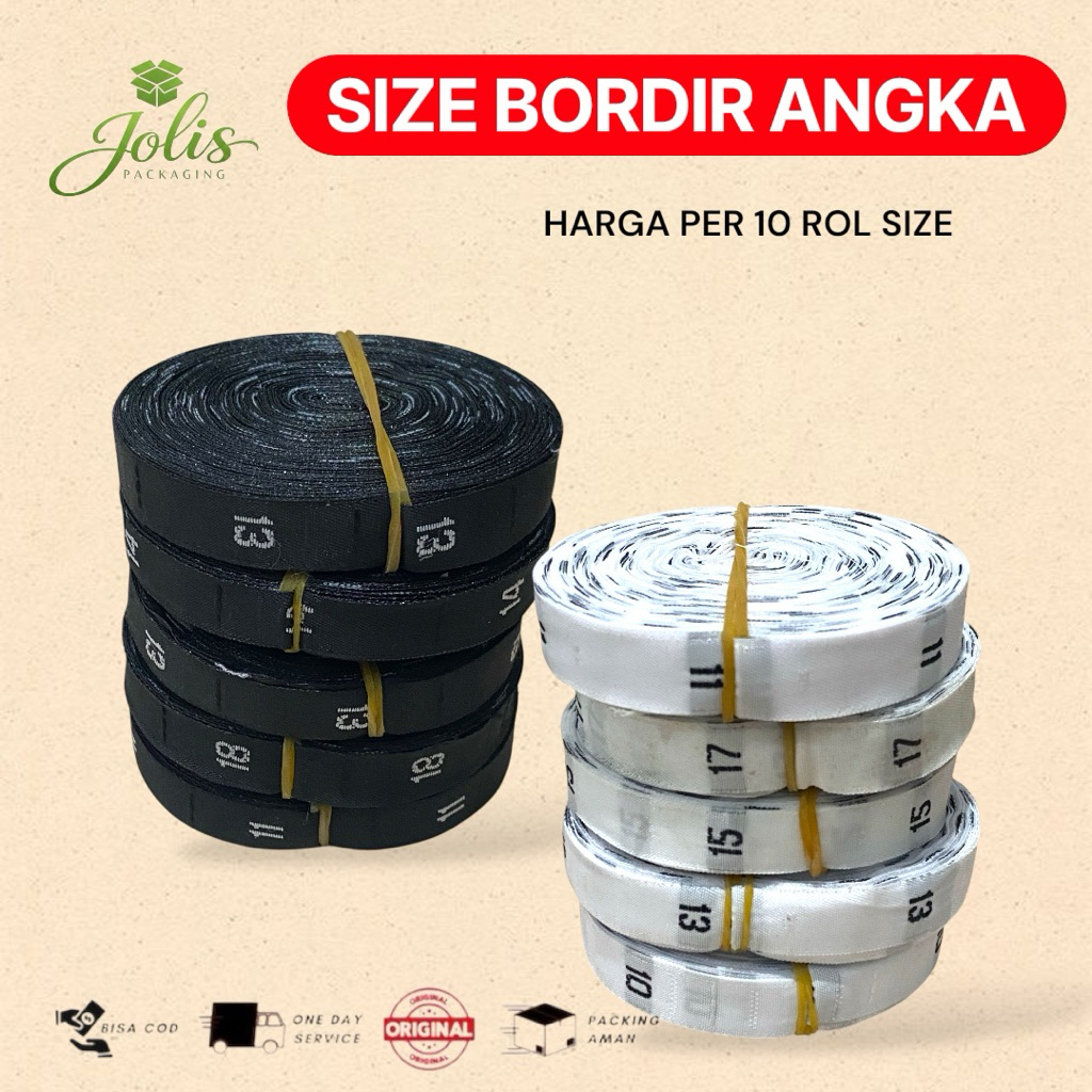 Size bordir label woven herga per 10roll size huruf dan angka (XS-50)