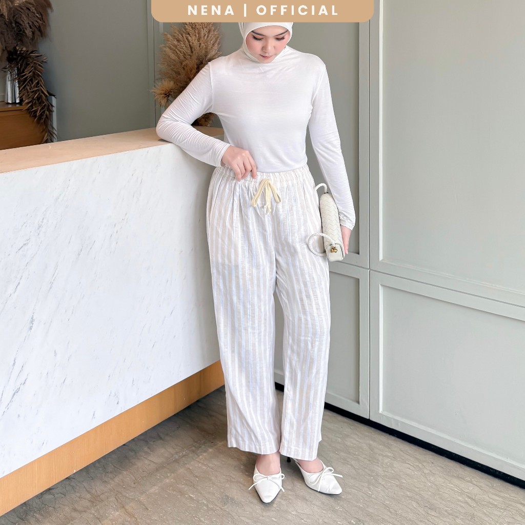 NENA Cozy Stiped Kulot Pants - Celana Linen Garis Wanita