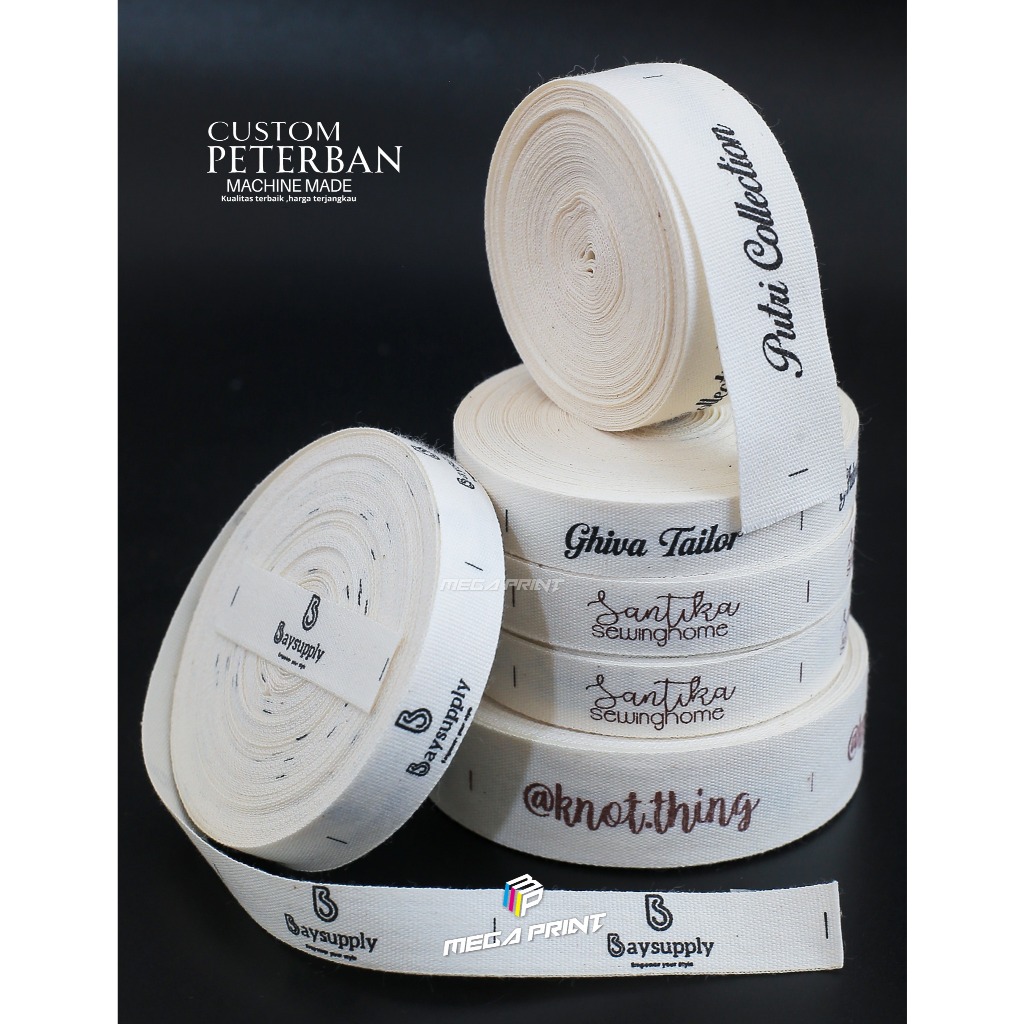 label piterban/katun import  50 meter /cetak satu warna / label custom / label baju / label celana /