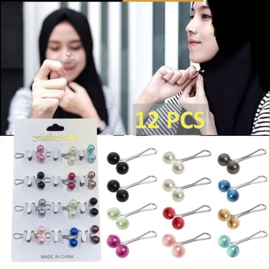 1 lusin (12 Pcs) Bros Tuspin Dagu Hijab, klip jilbab mutiara model klip jepit