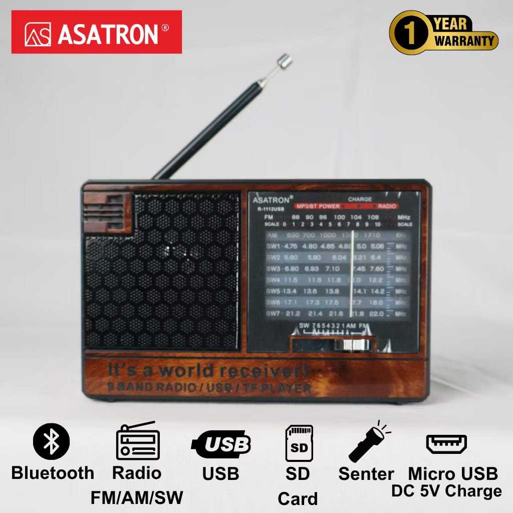 Asatron Radio Mini 9 Band Bluetooth FM AM SW USB SD Card Senter Micro USB DC 5V Charge Garansi 1 Tah
