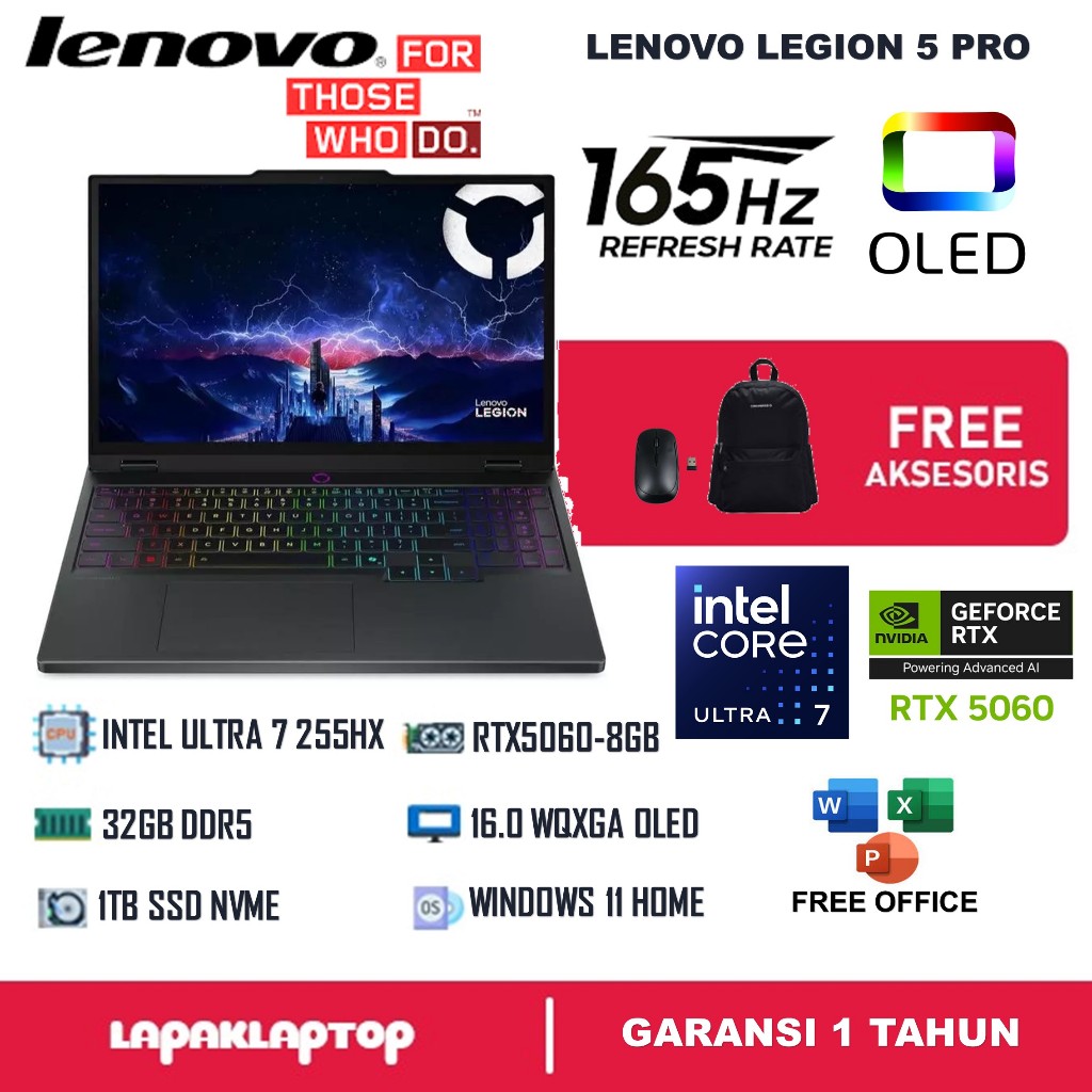 LAPTOP GAMING LENOVO LEGION 5 PRO 16 INTEL ULTRA 7 255HX 16GB DDR5 1TB RTX5060-8GB OLED 165HZ RGB