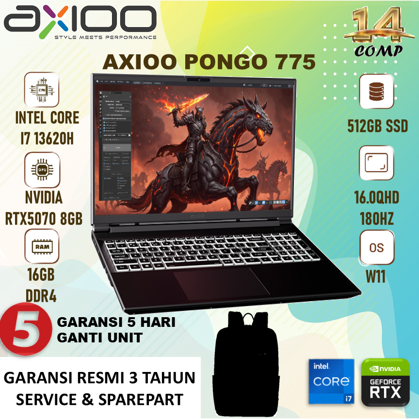 LAPTOP AXIOO PONGO 775 i7 13620H 16GB 512GB SSD RTX 5070 8GB 180Hz WINDOWS 11 16QHD