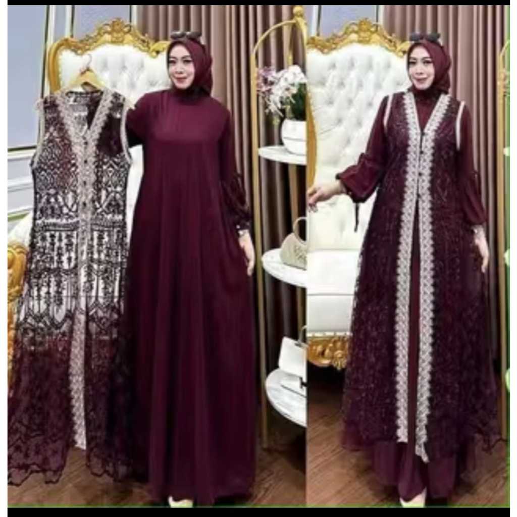 DRESS KONDANGAN MATT CERUTY BABYDOLL  OUTER BRUKAT APLIKASI RENDA NAURA DRESS GAMIS PESTA MEWAH