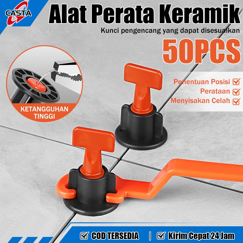 CASTA Set Alat Pasang Keramik Perata Tile Leveling 50PCS Reusable Model Putar Dengan Kunci Wrench Sp