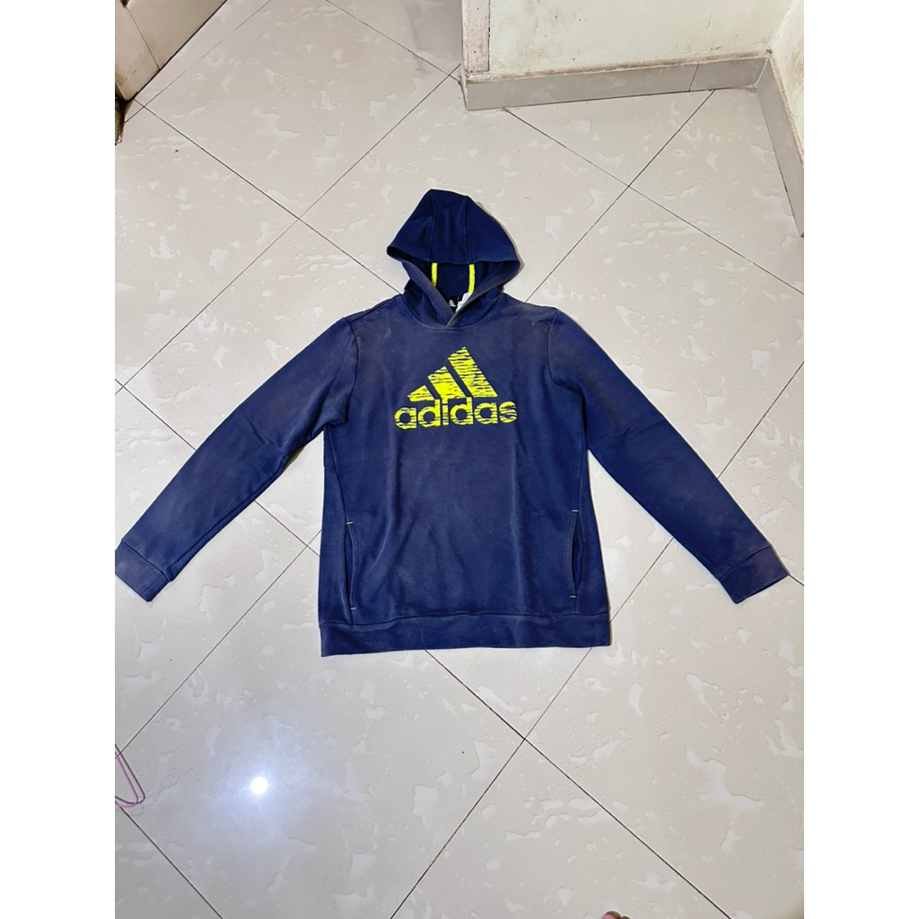 Hoodie Adidas Original Navy Logo Kuning Neon Pullover Pria