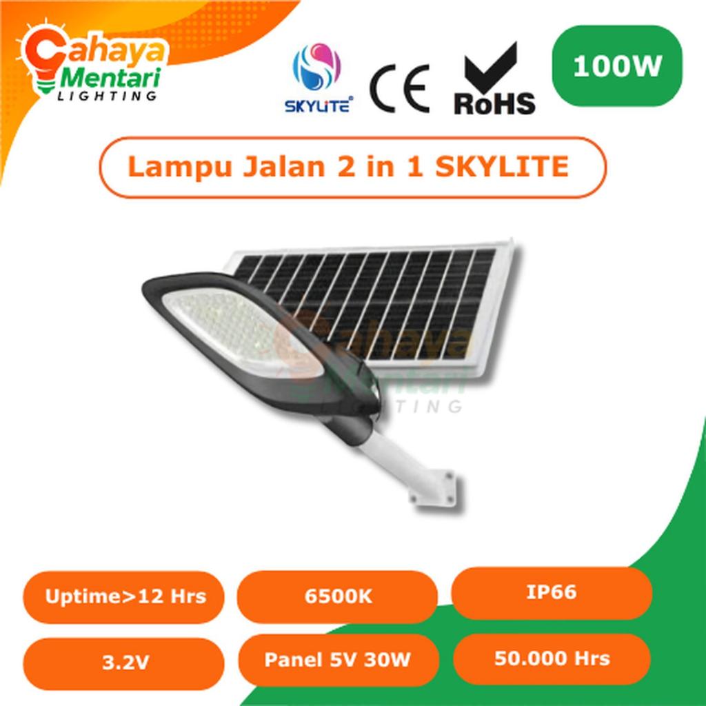 Lampu PJU Solar Cell Skylite 100W 2 IN 1 Lampu Jalan Street Light SPESIFIKASI: Power: 100W Color: 65