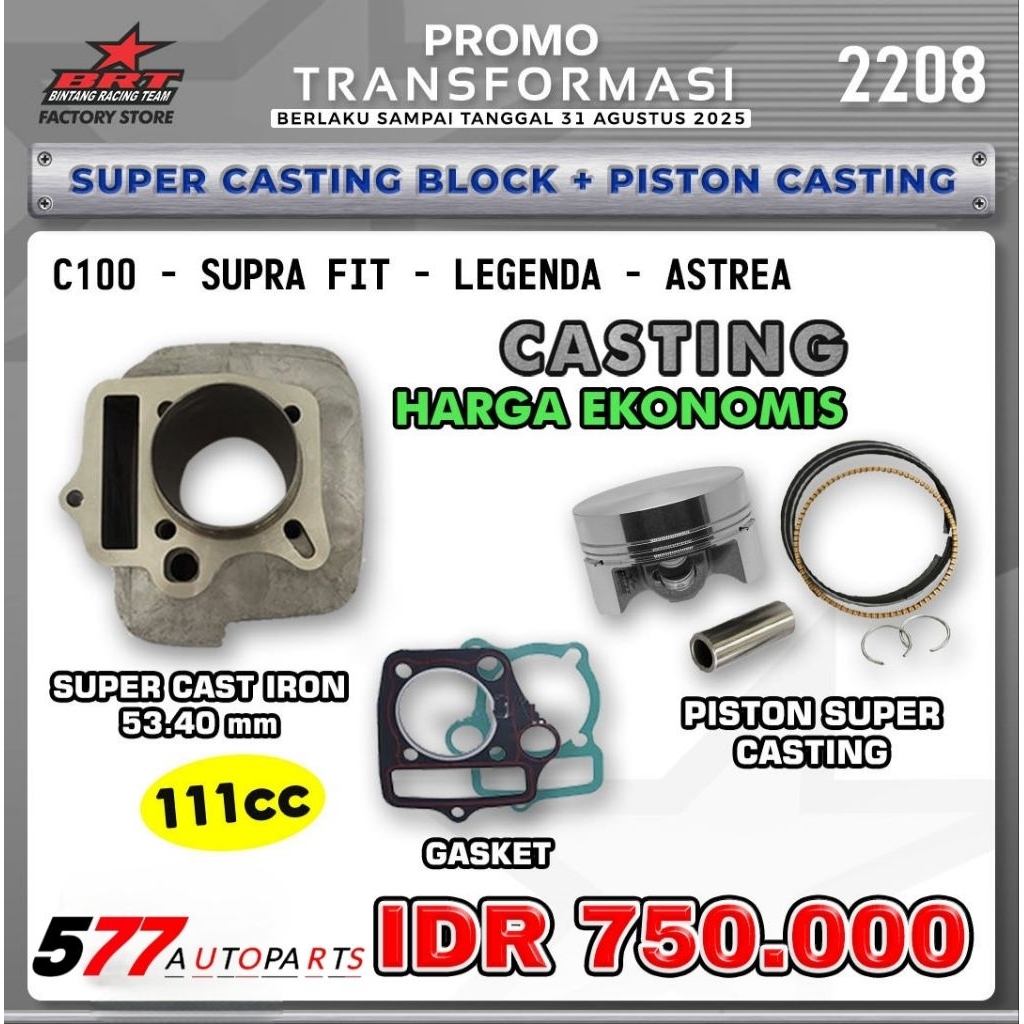 Blok Cast Iron + Piston Casting + Gasket BRT C100, Supra Fit, Legenda, Astrea