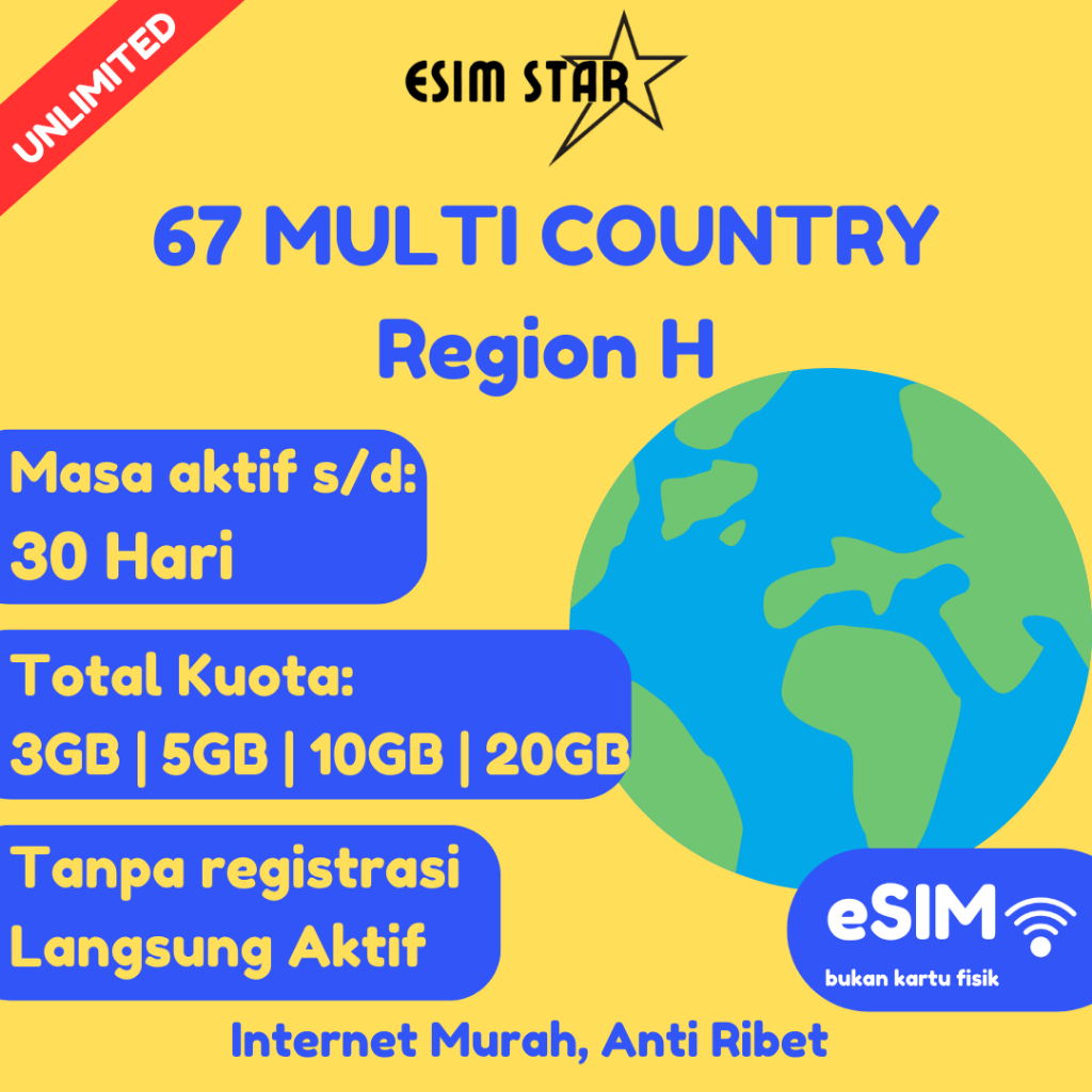 esimstar - ESIM 67 MANCA NEGARA Region H | Multi Country ESIM | Travel SIM | Big Data | Internet Roa