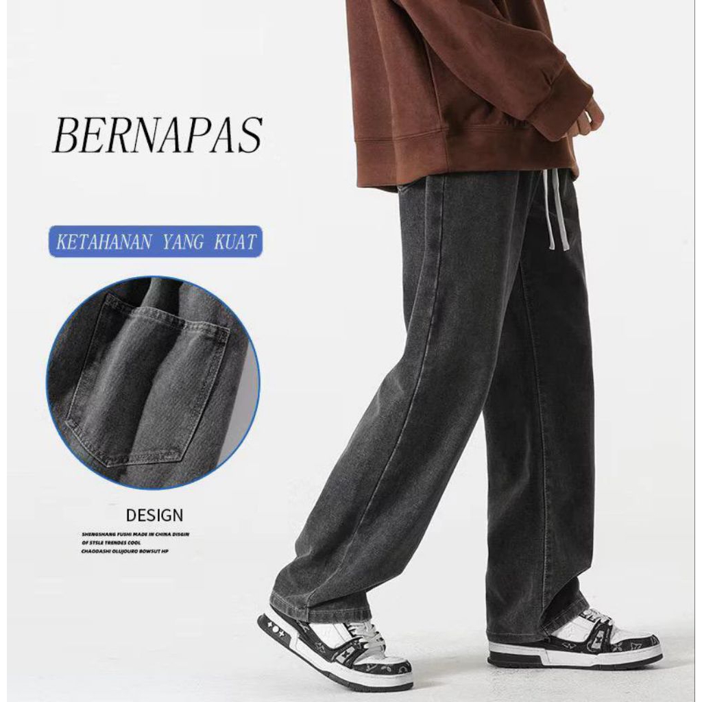 Celana Jeans Pria Baggy Pants Gombrong Oversize Loose Straight Kulot tali Boyfriend Jeans Longgar Ba