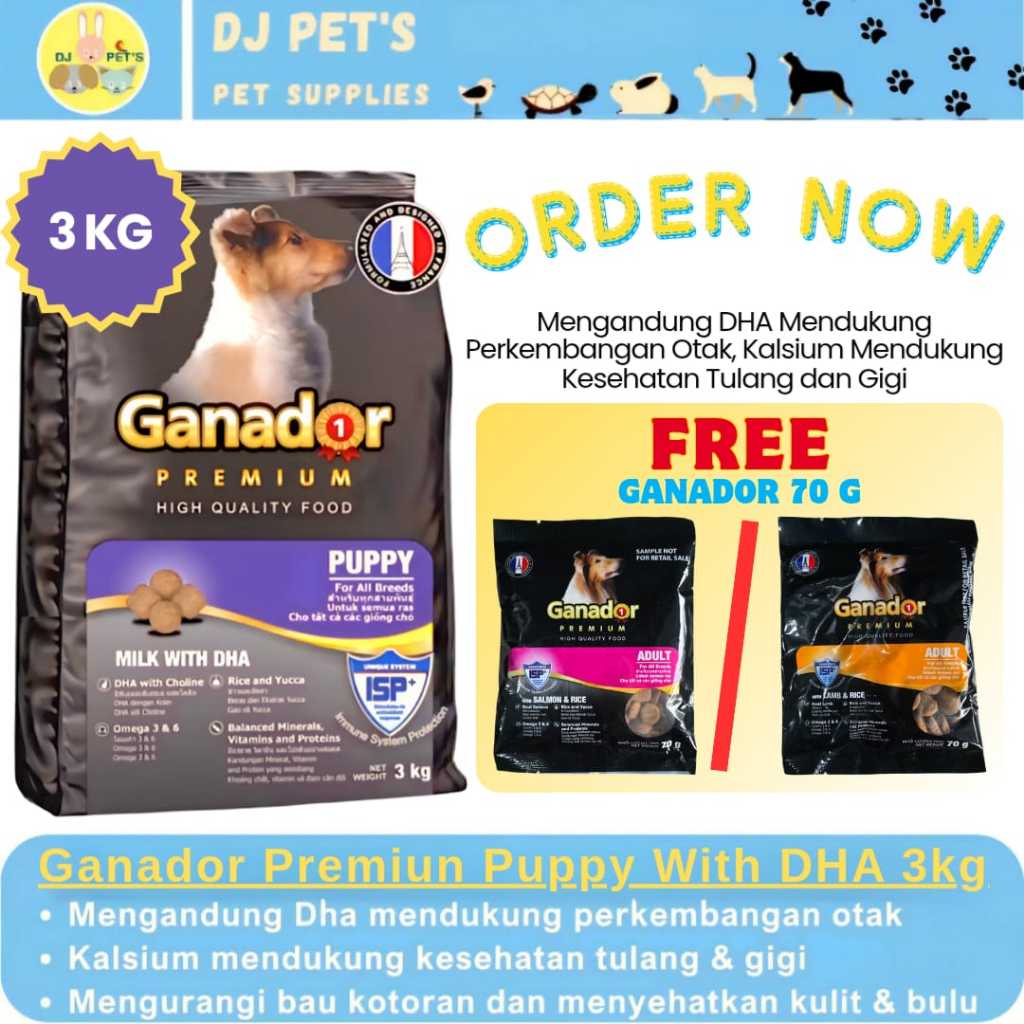 Ganador Premium Puppy Milk with DHA 3 kg FREE Ganador 70g - Makanan Kering Anak Anjing - Dog Dry Foo
