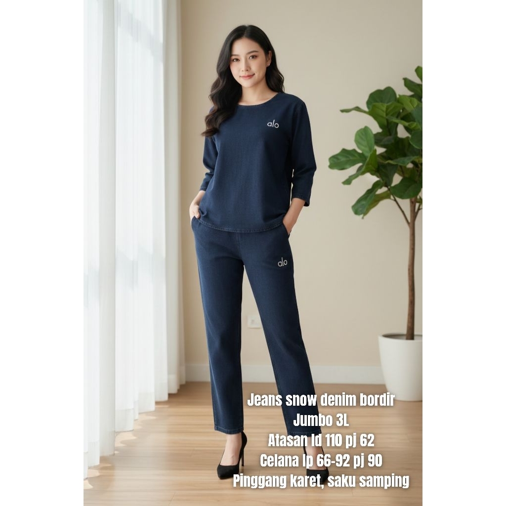 Setelan Wanita Kode 2133 Bahan Jeans Snow Denim Bordir Jumbo 3L 4L Lengan 3/4 Celana Panjang Pinggan
