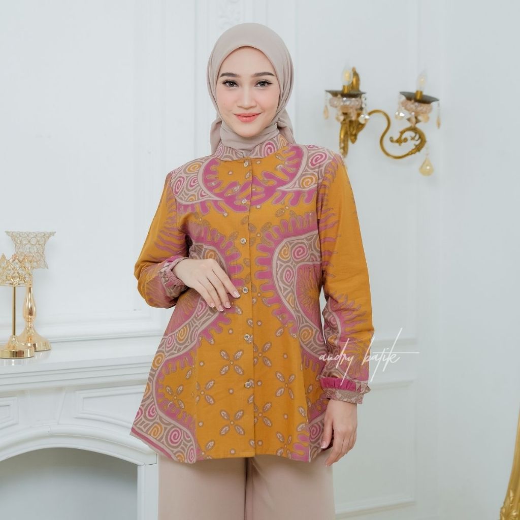 Audry Batik - Mahadewi - Blouse Batik Kerja Wanita Hijab Modern Motif Batik Kawung Mix Abstrak Toffe