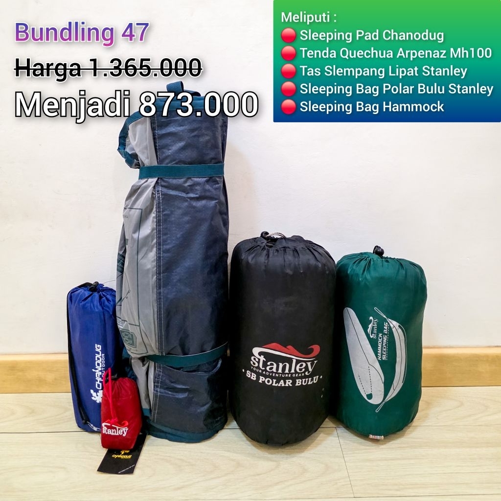 Paket Bundling 47 Meliputi :
1. Tenda Quechua Arpenaz Mh100 IDR 825K
2. Sleeping Pad Chanodug IDR 20