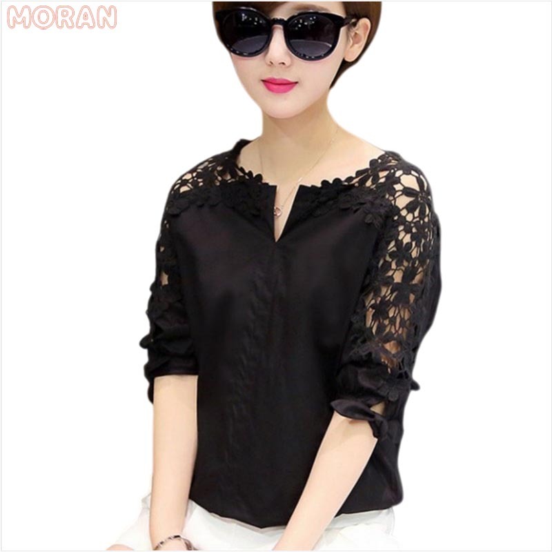 MORAN Blus Wanita Lace Putih Lengan Pendek Casual