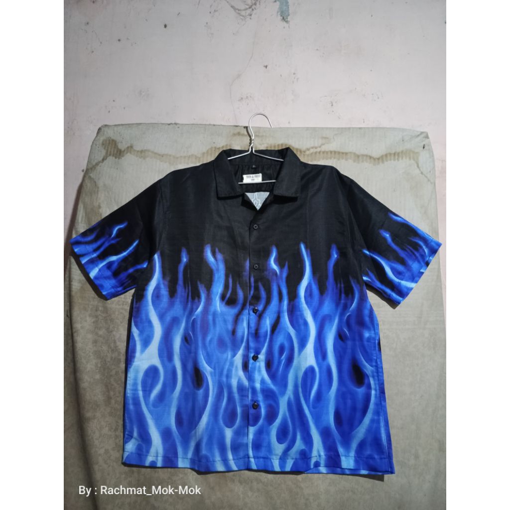 Workshirt blue flames 3D / kemeja api, not workshirt y2k, Skena, style, jnco, dog town, fire kemeja 