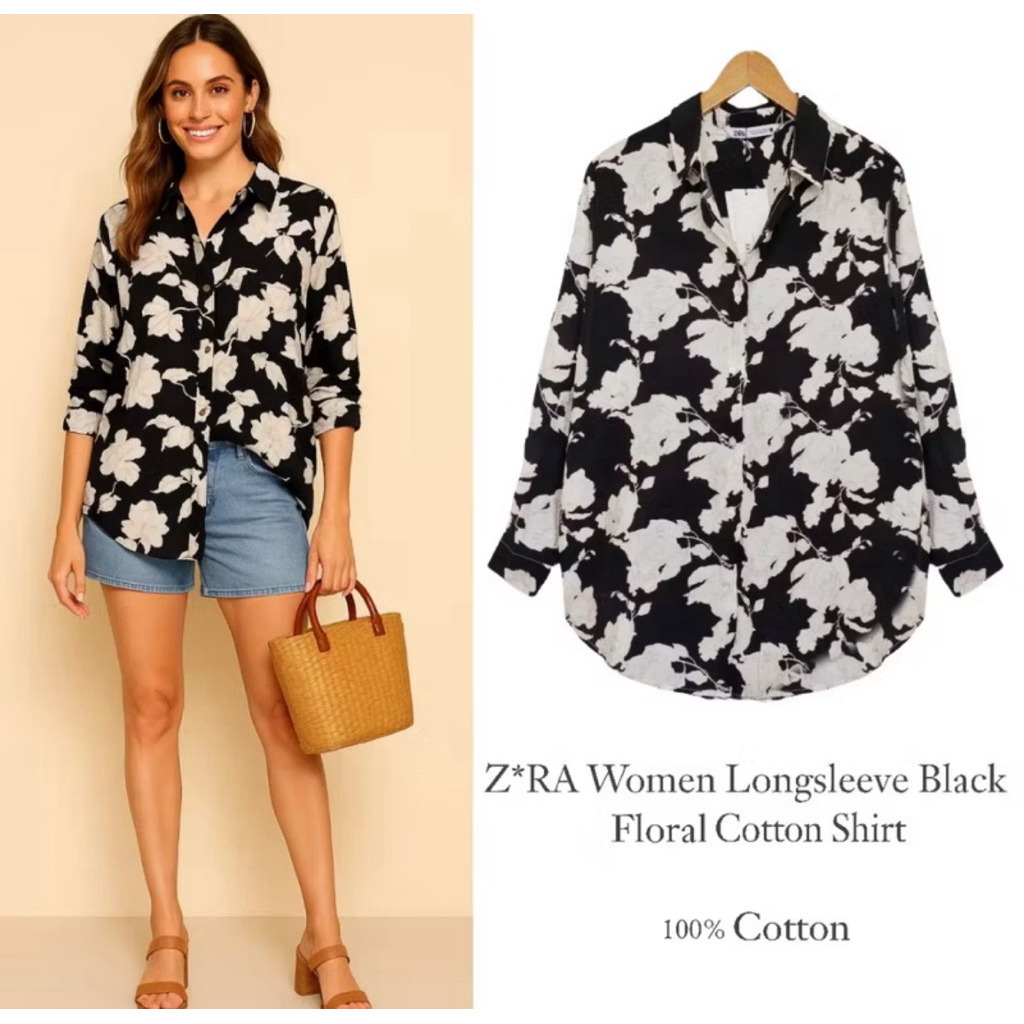 ZARA Woman Longsleeve Black Floral Cotton Shirt | kemeja mawar putih